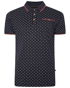 KAM All Over Print Geometric Print Polo Shirt Navy